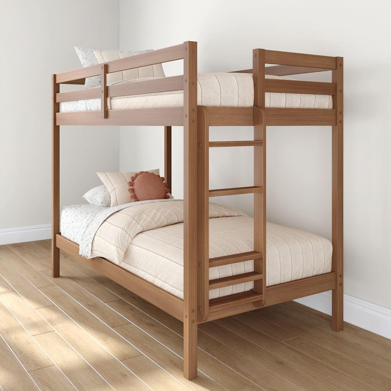 EngineeredWood TwinOverTwin Bunk With Ladder Oak Finish