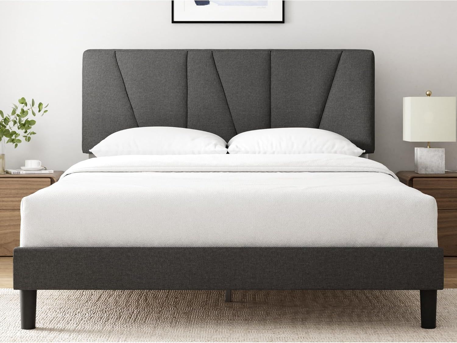 Queen Size Upholstered Bed Frame With Asymmetric Headboard