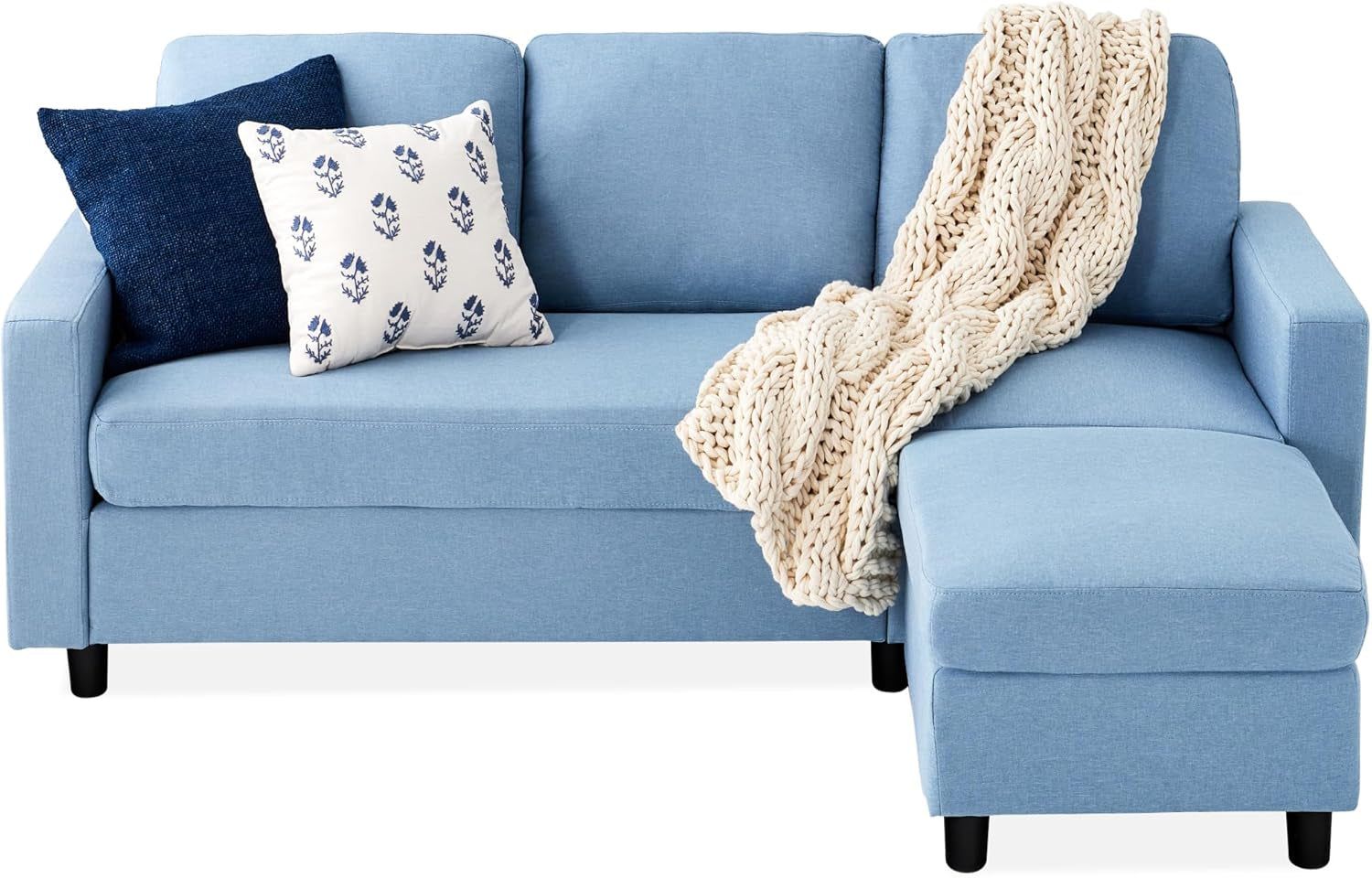 Light Blue Sectional Sofa Featuring Reversible Ottoman