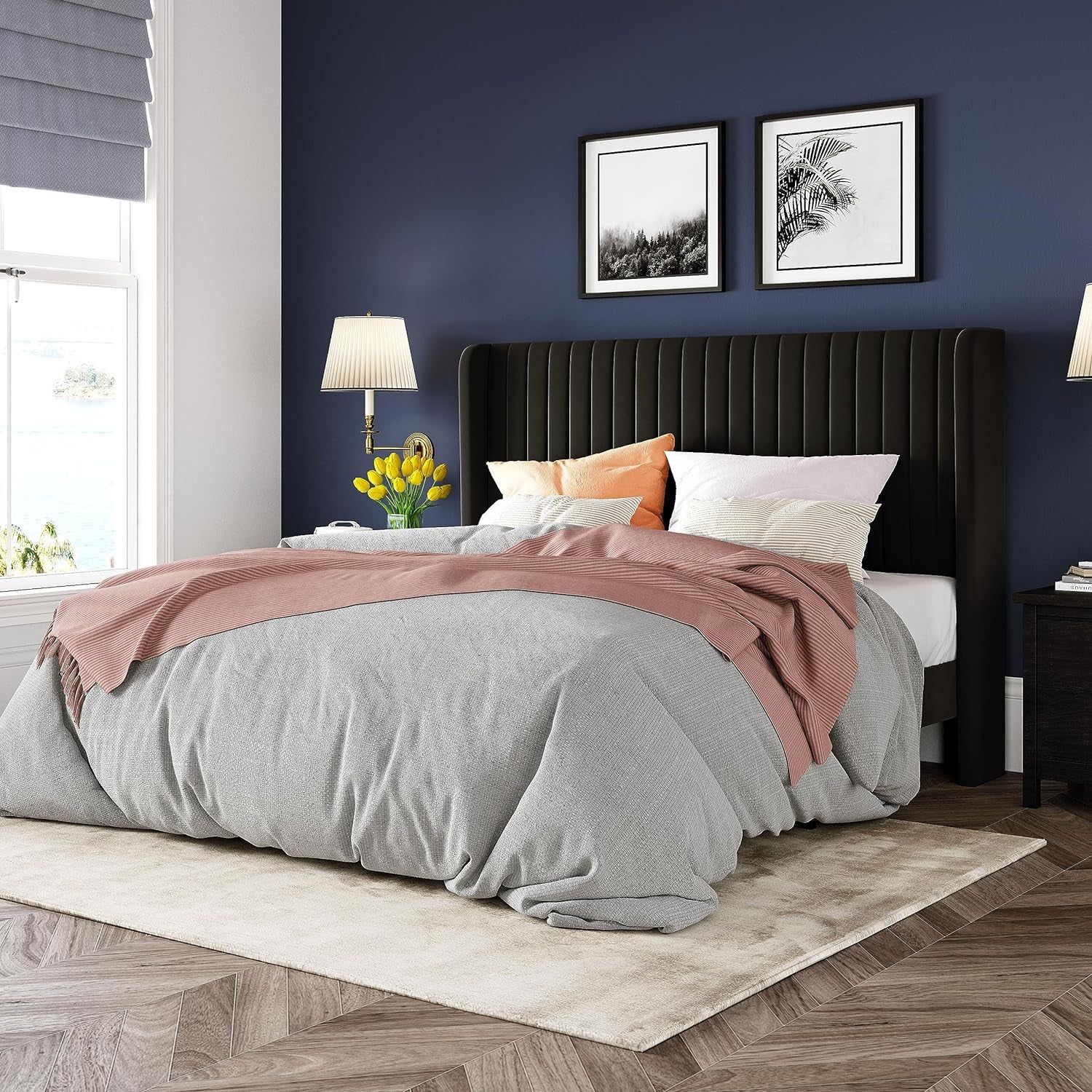 Queen Size Velvet Bed Frame With Wingback Headboard Storage