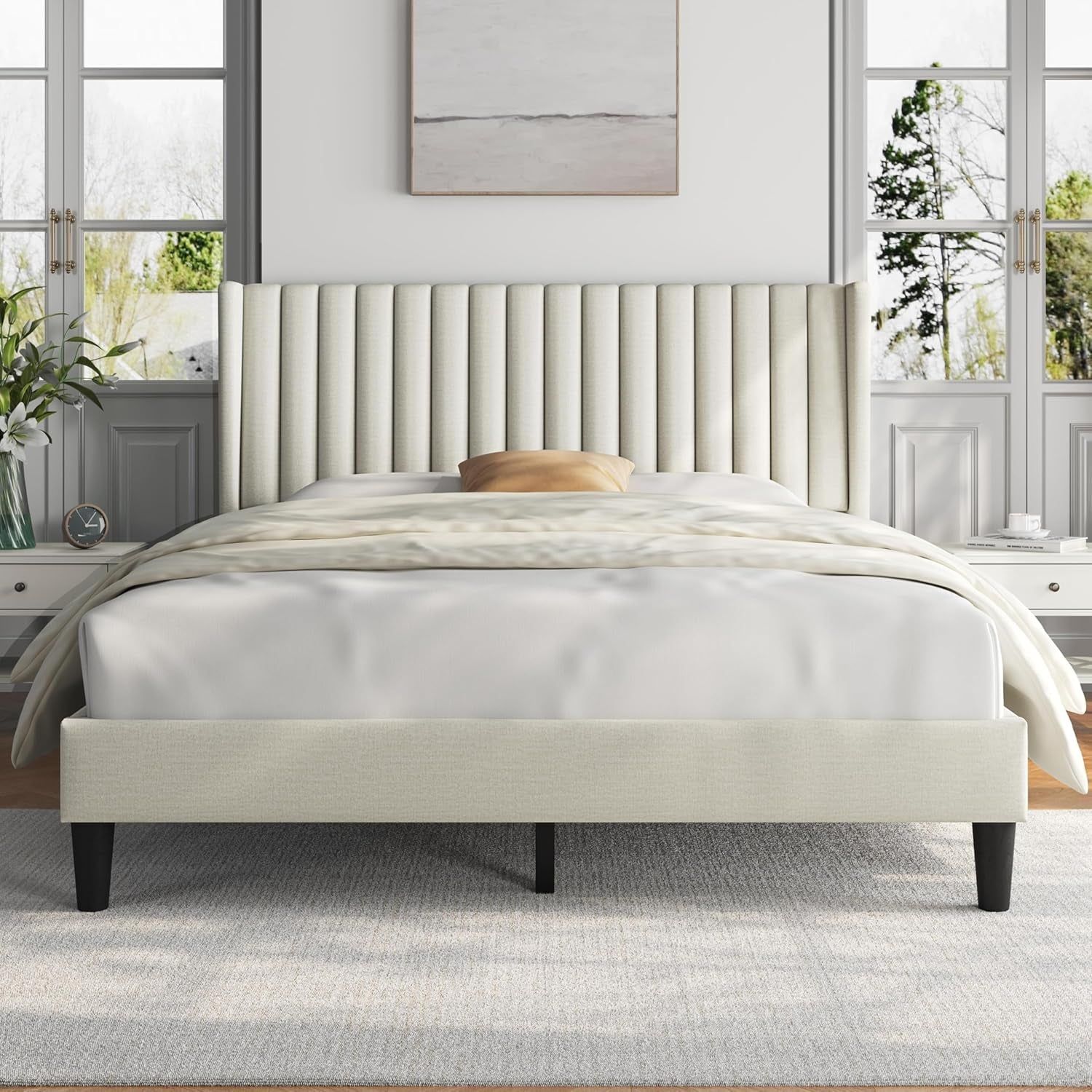 Queen Upholstered Platform Bed With Beige Headboard