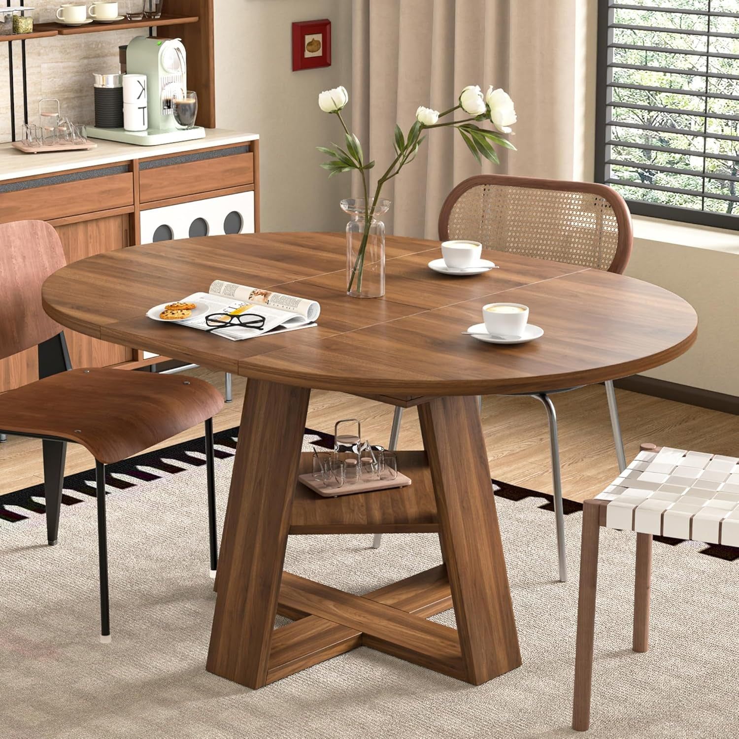 Expandable Round Dining Table 43 To 59 Inches Walnut