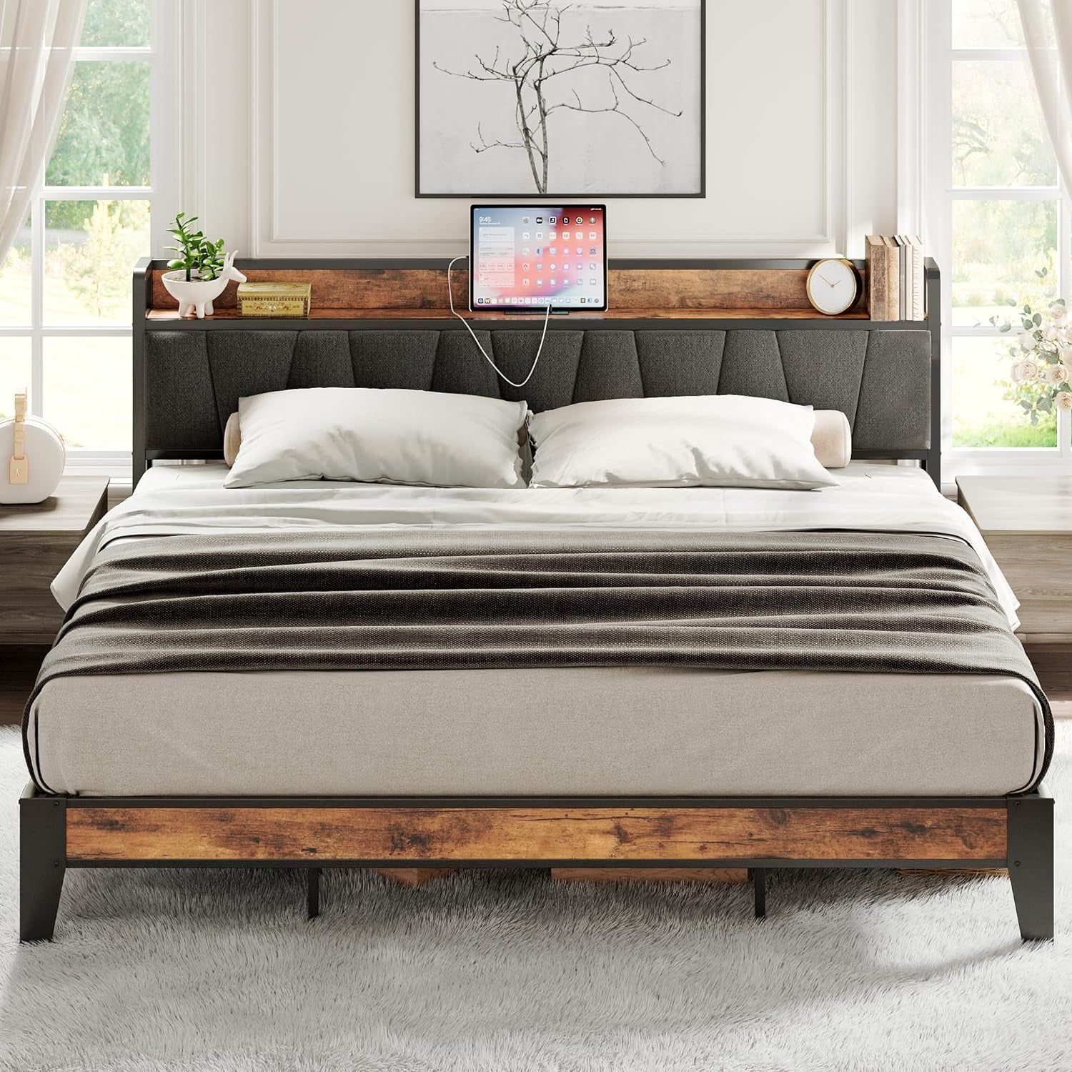 King Size Bed Frame With Storage Headboard USB Ports
