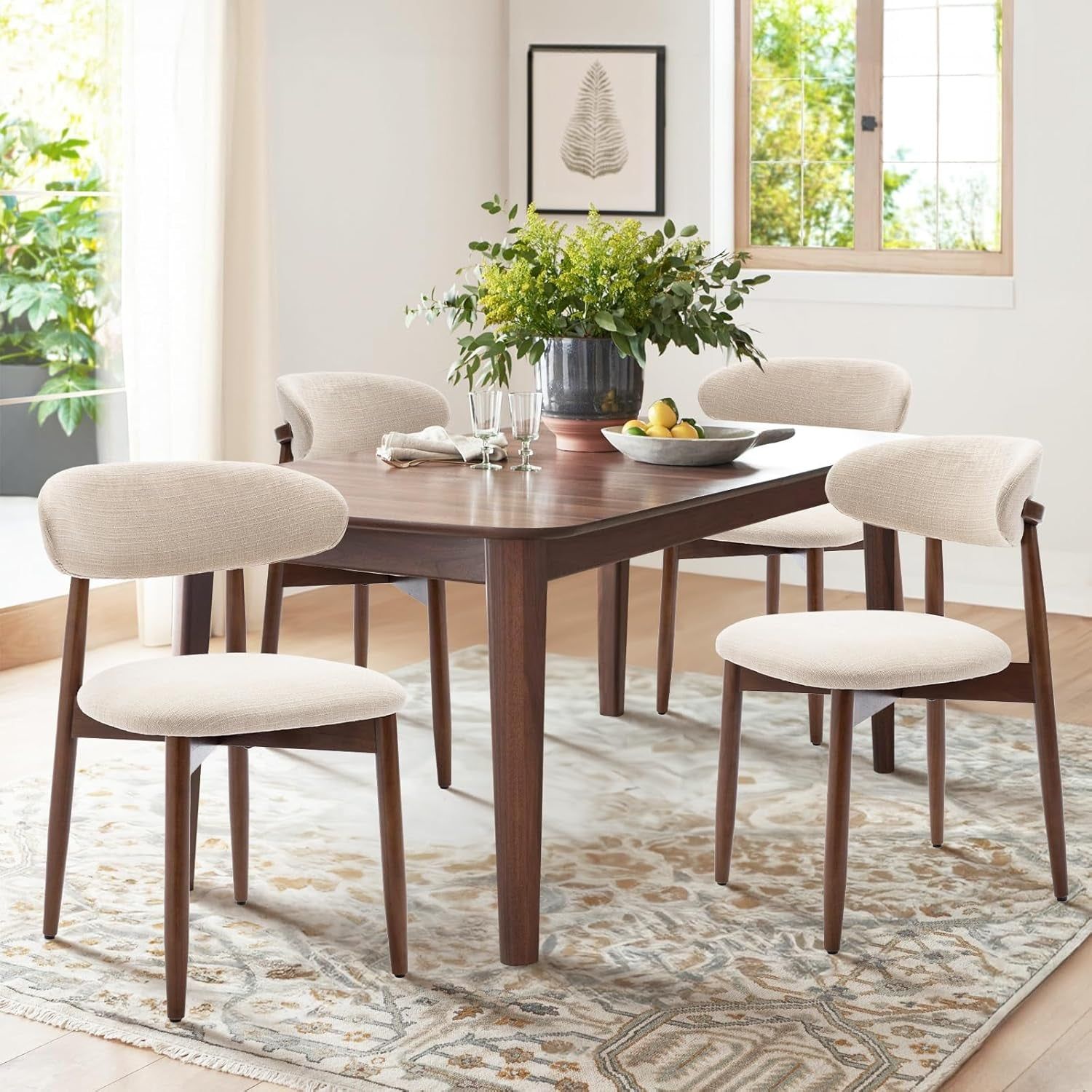 Beige Fabric Upholstered Wood Dining Chairs Modern