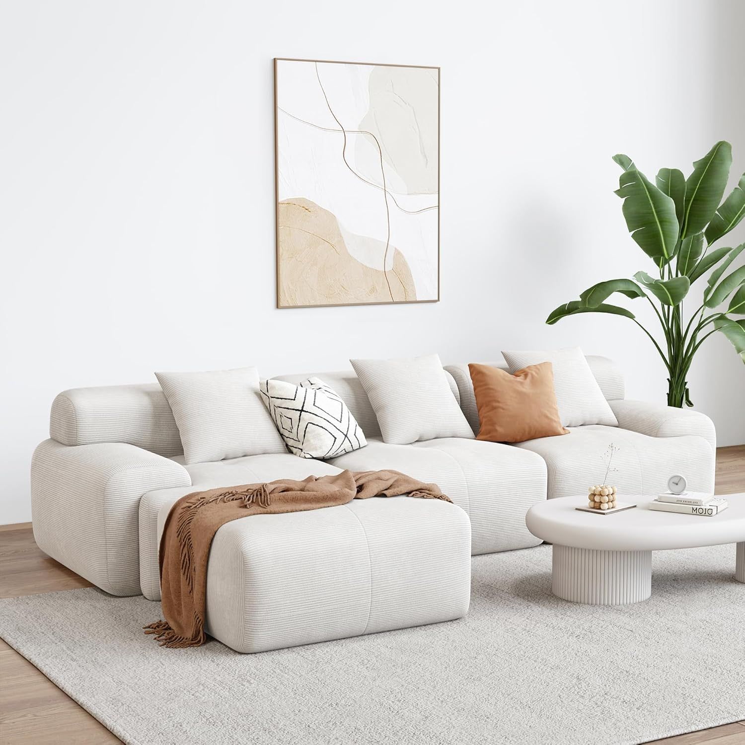 118 Inch L Shaped Modular Sectional Sofa Beige Ottoman