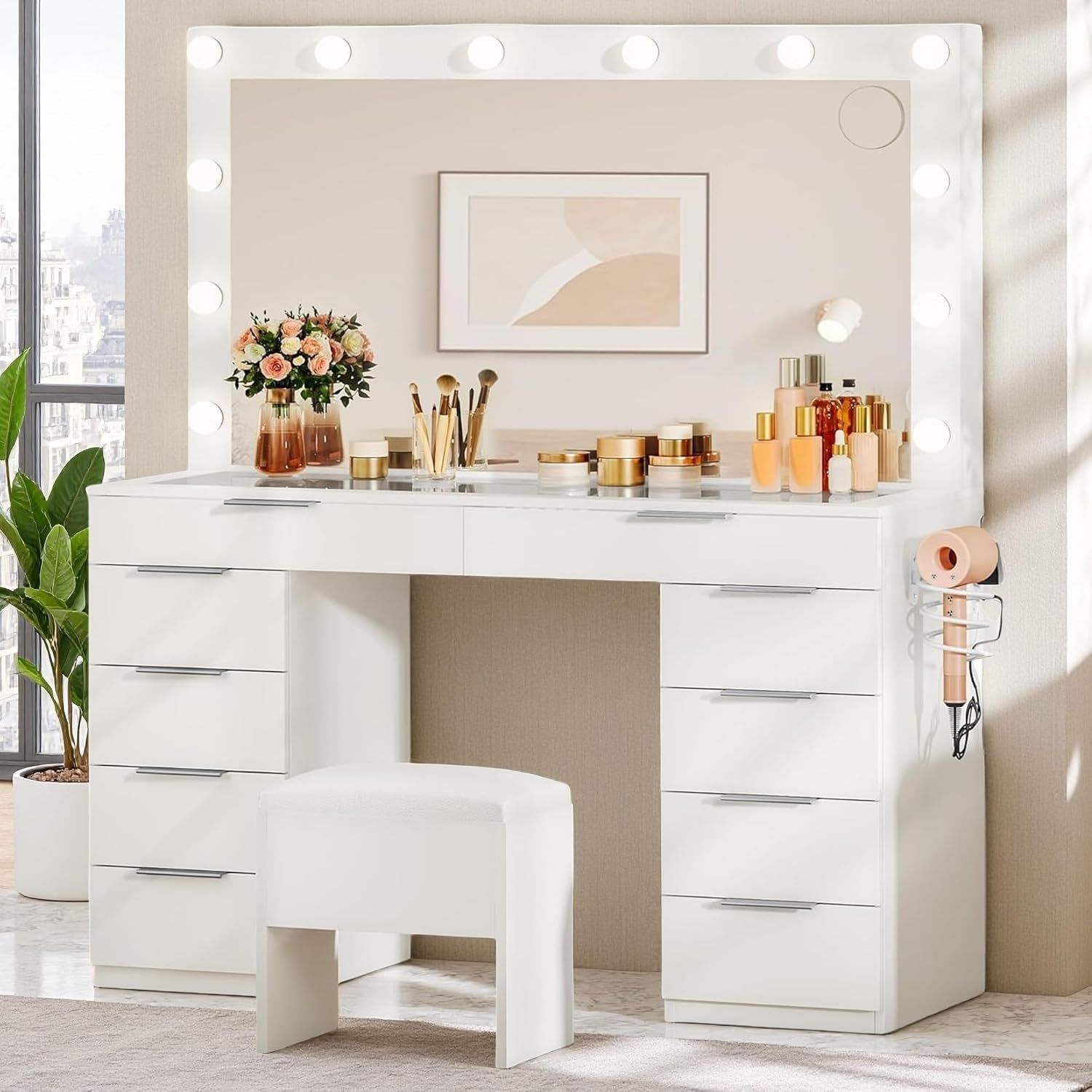 Cream White 46Inch Glass Top Vanity LEDIlluminated