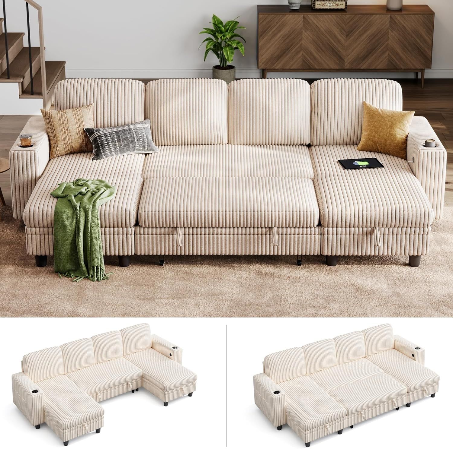 Beige Sectional Sleeper Sofa With USB Charging And Storage