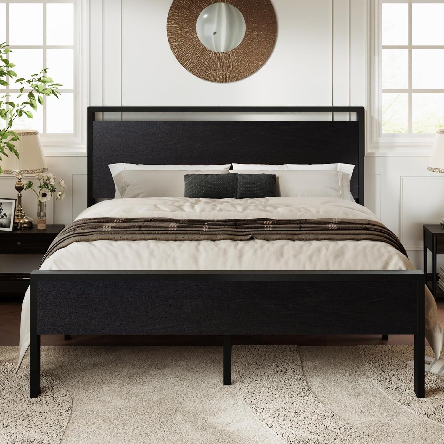Queen Platform Bed Frame With Wooden Headboard Footboard