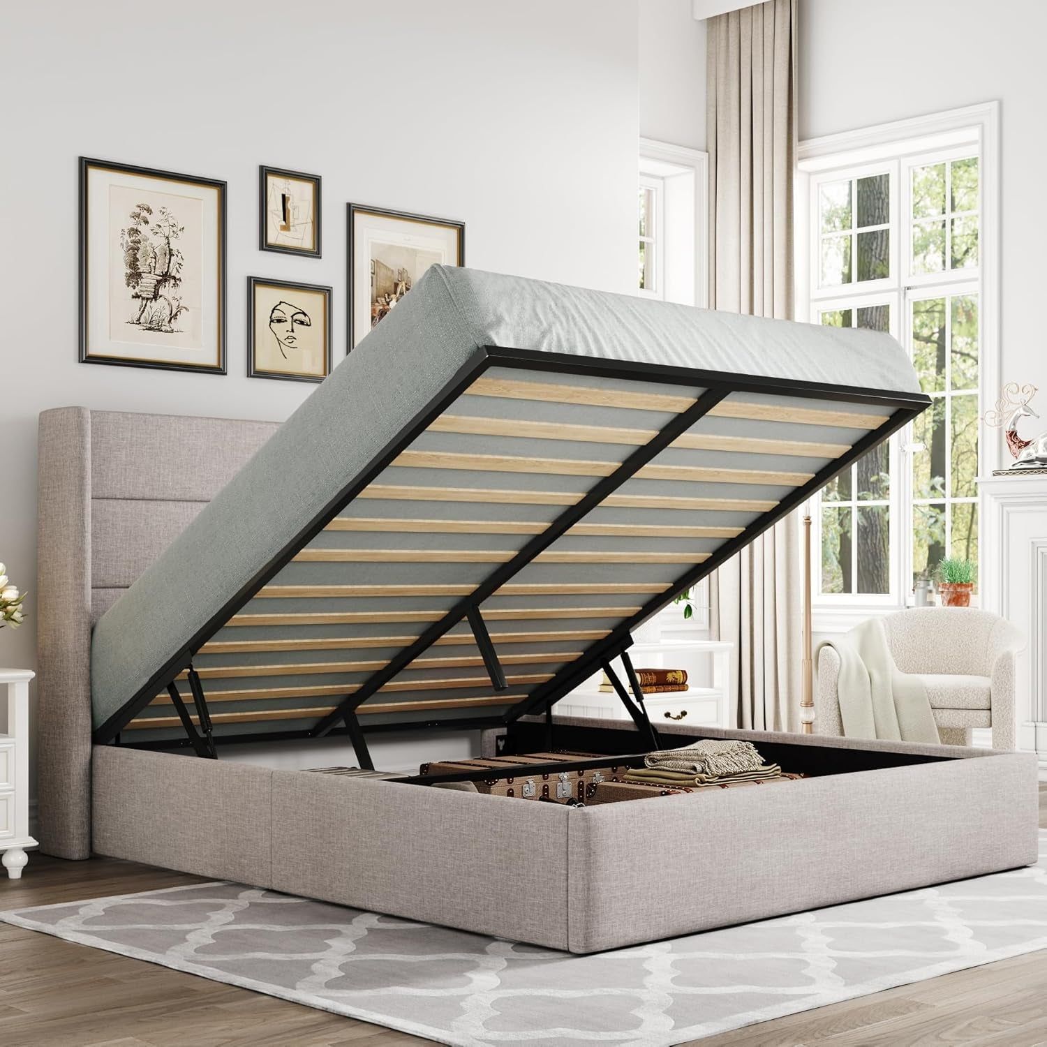 Queen Size Lift Up Storage Bed With Hydraulic Headboard
