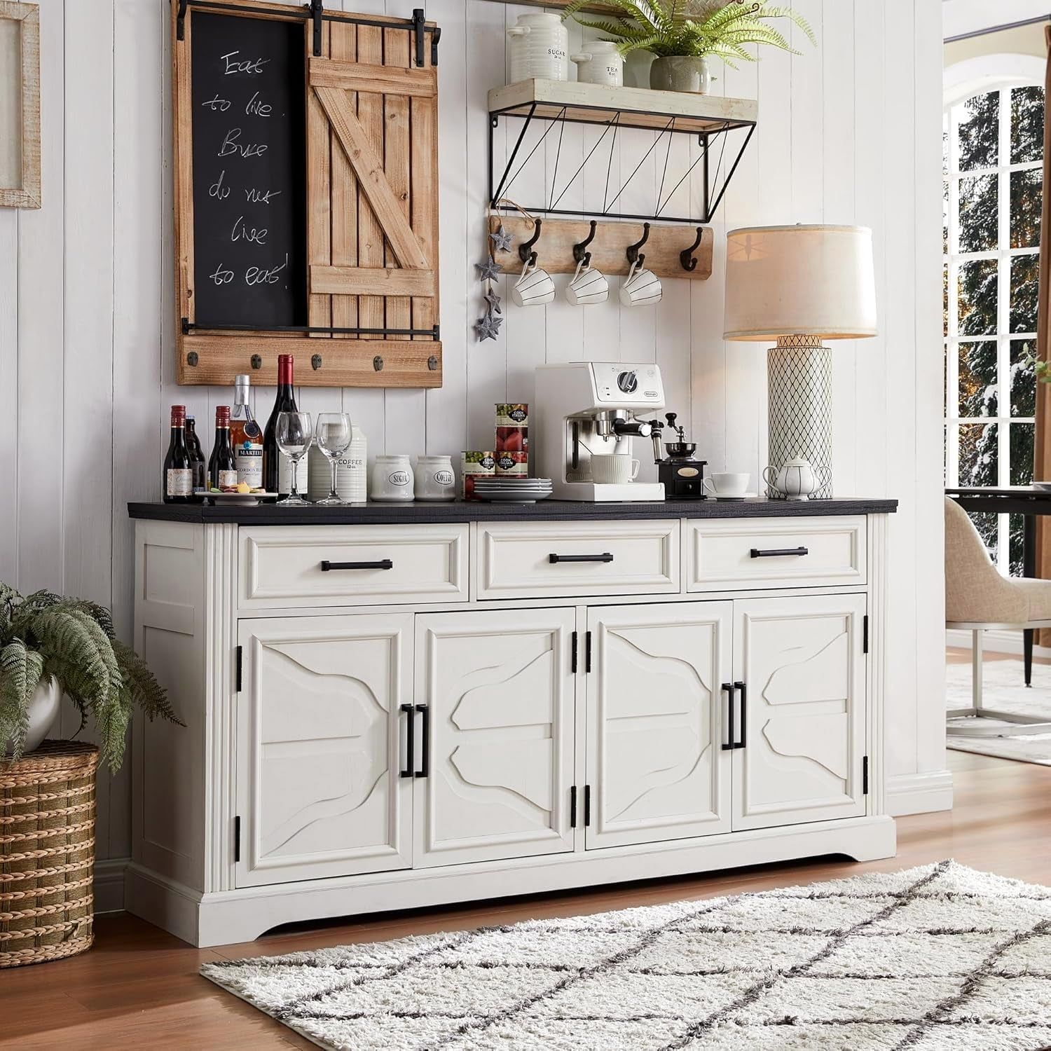 66Inch Buffet Sideboard Cabinet 4Doors 3Drawers OffWhite