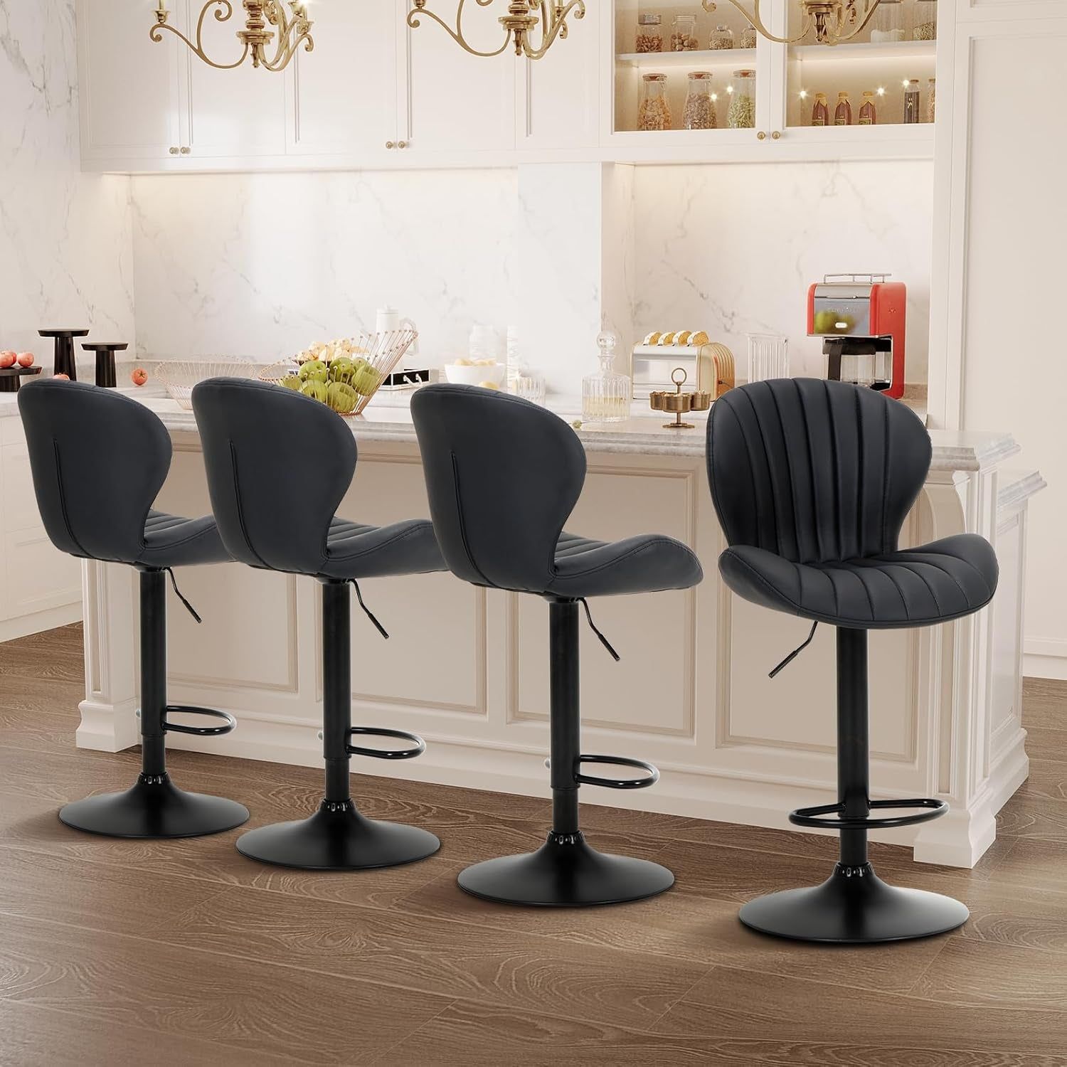 Four Modern Adjustable Faux Leather Swivel Bar Stools