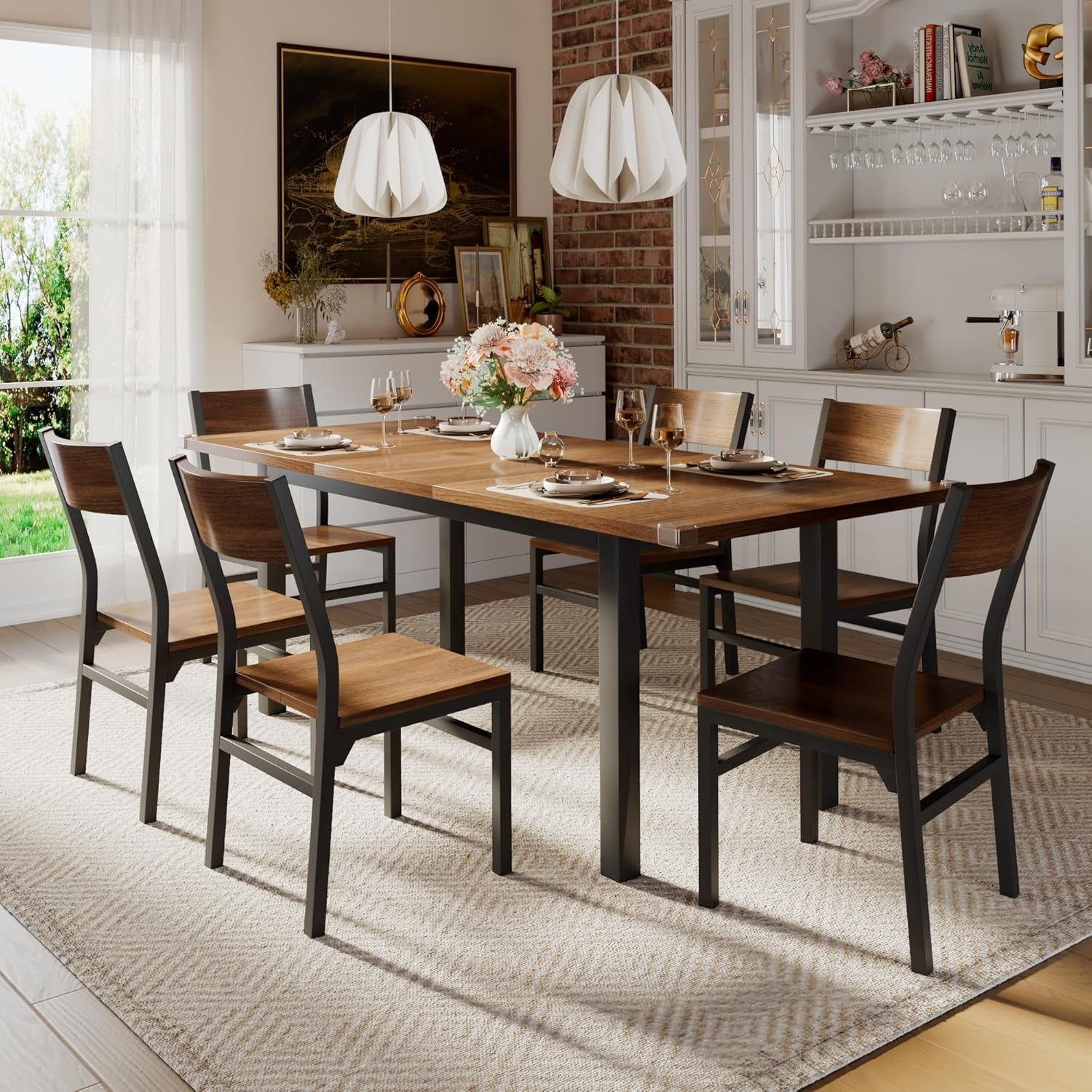 Walnut Extendable 63 Inch Dining Table Set With 6 Chairs