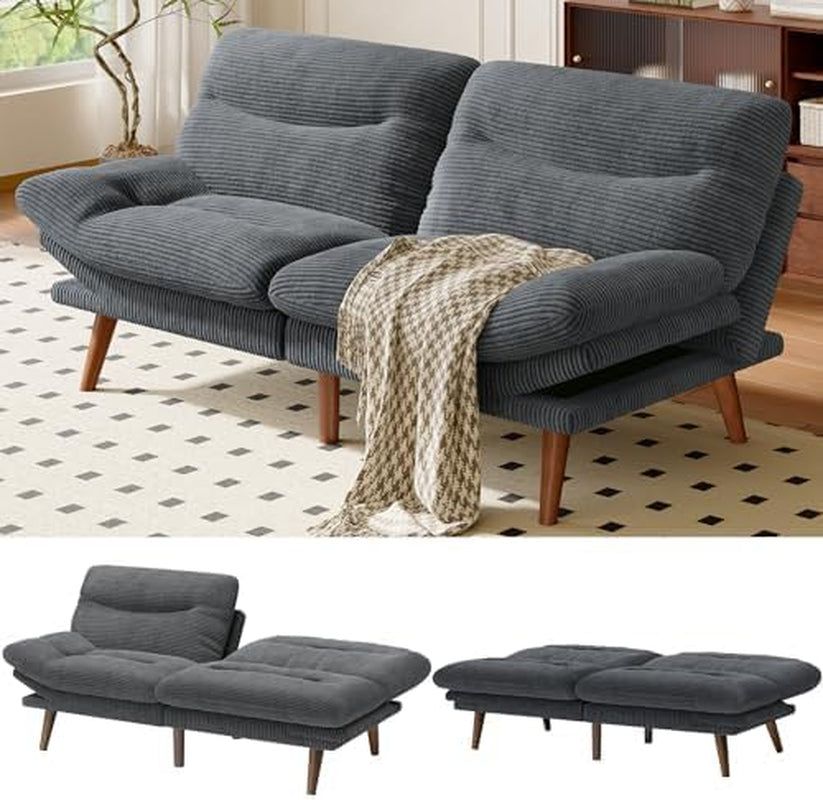 Grey Corduroy Futon Sofa Bed With Adjustable Backrest