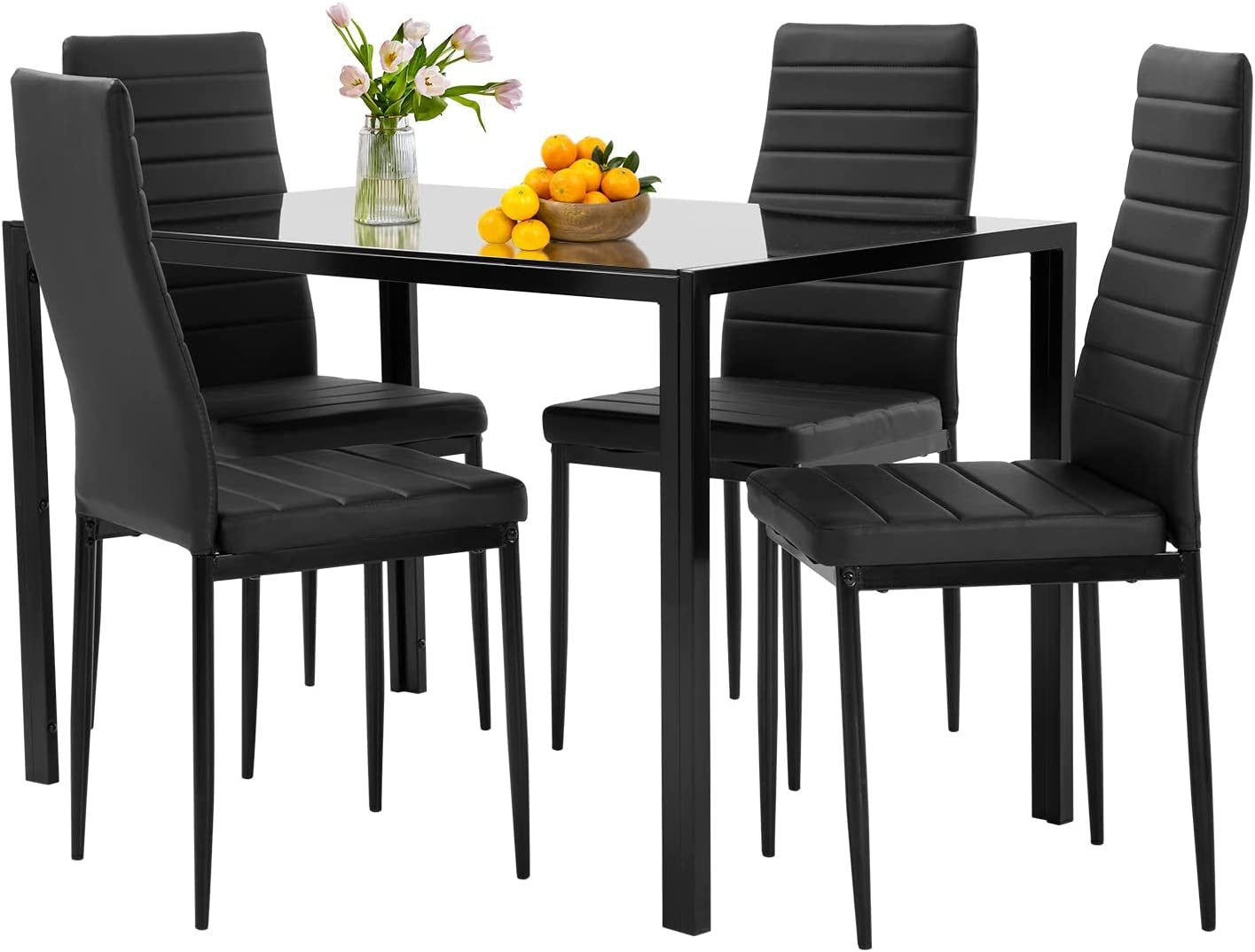 Black Glass Dining Table Set With Chairs