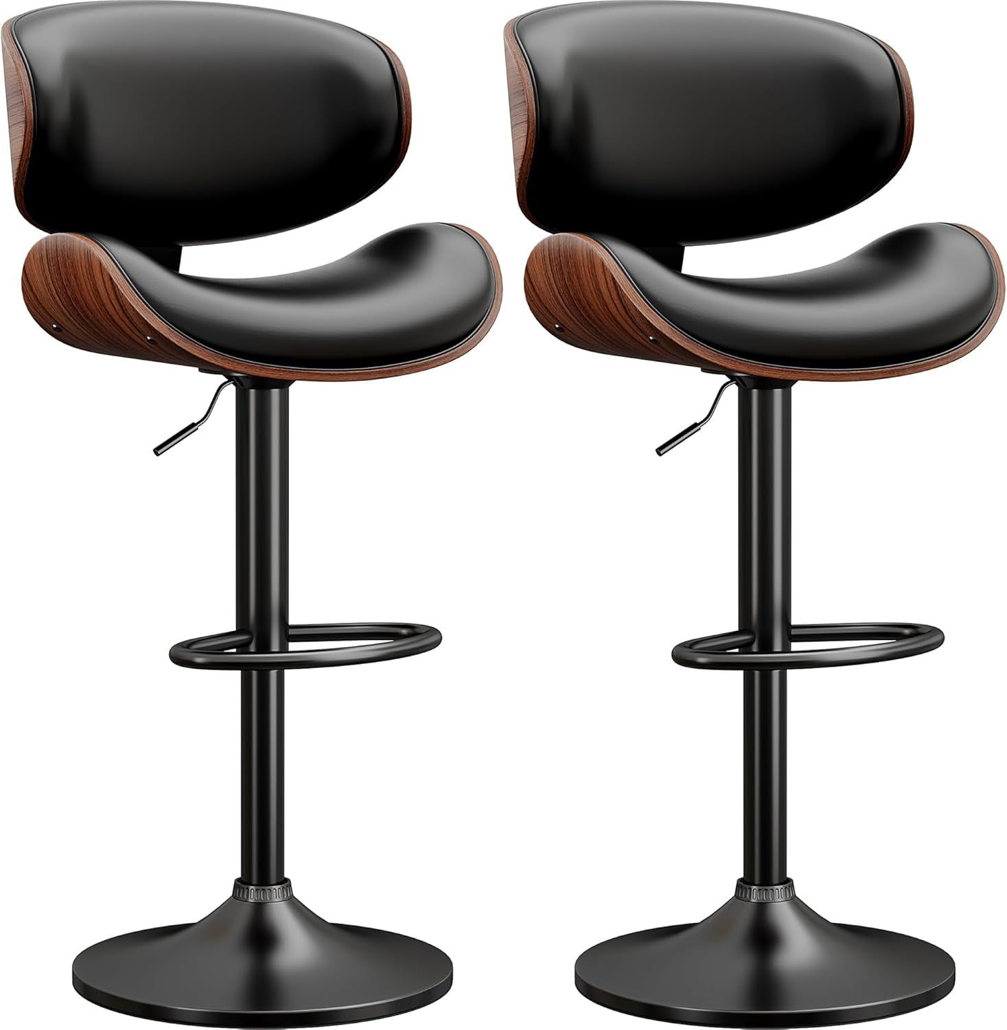Contemporary Bentwood Adjustable PU Leather Bar Stools Set