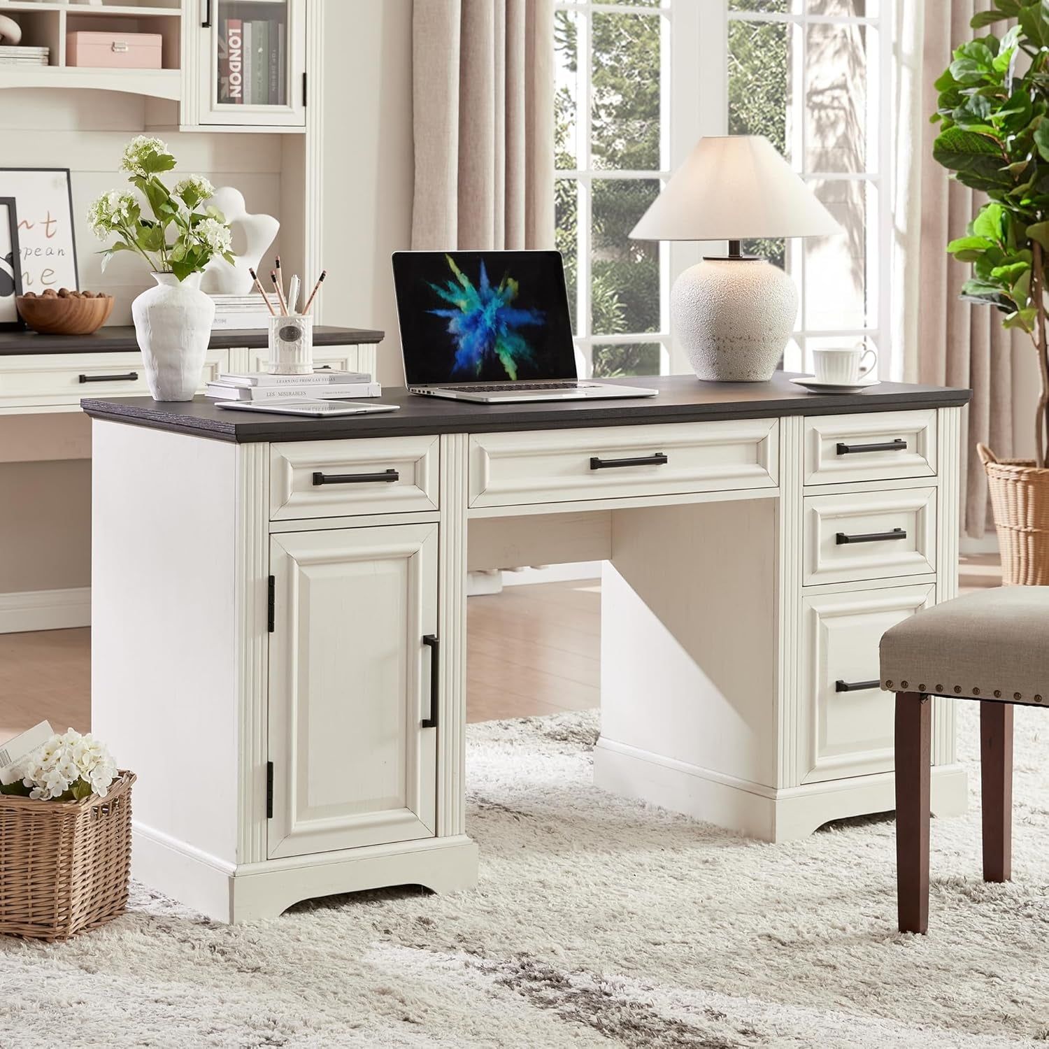 58 Inch Executive Farmhouse Computer Desk With Drawers