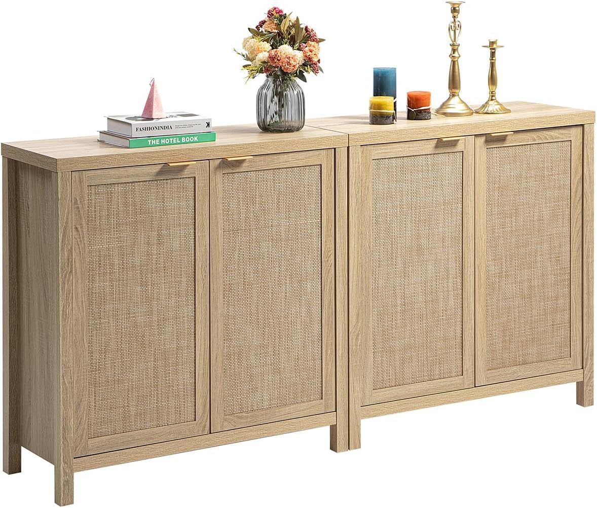 Rattan Sideboard Buffet Cabinet With Shelves Natural