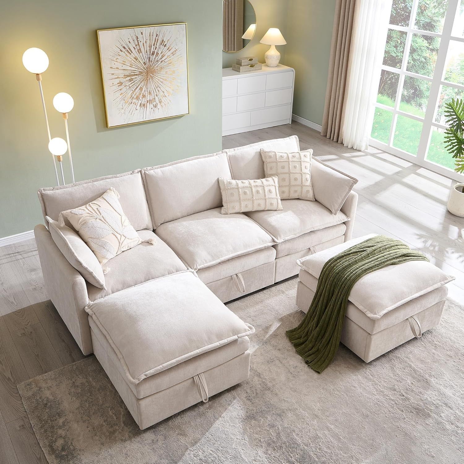 Beige White Chenille Large Sectional Sofa With Storage