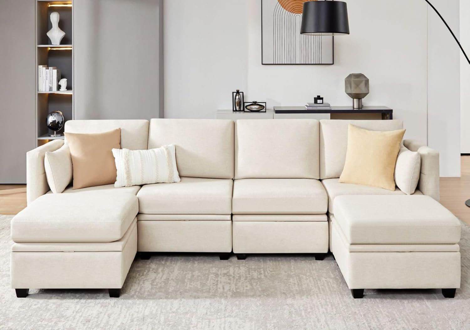 Beige Modular Sectional Sofa with Storage Ottomans