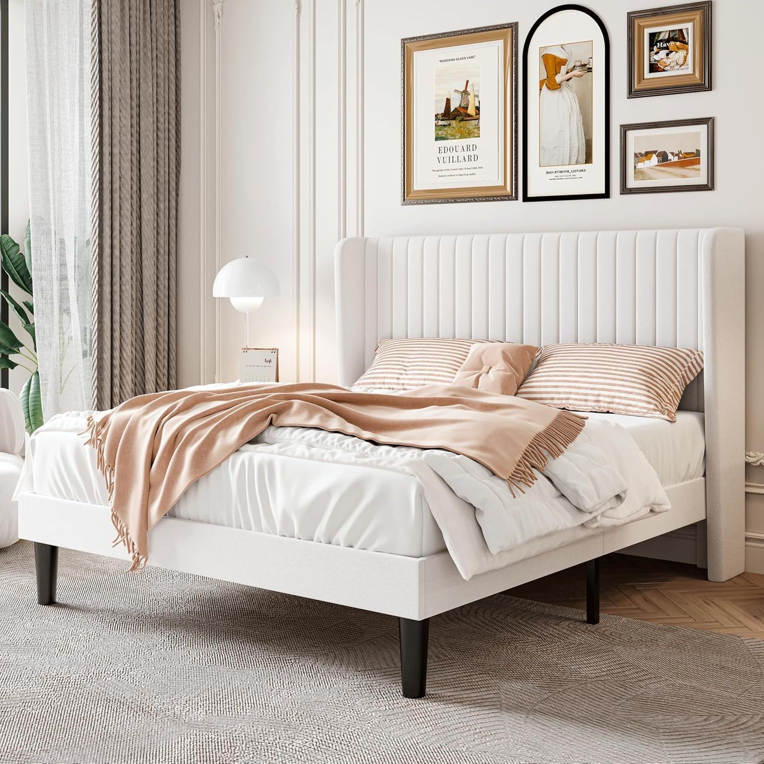 Velvet Full Bed Frame With Wingback Headboard Sturdy Slats