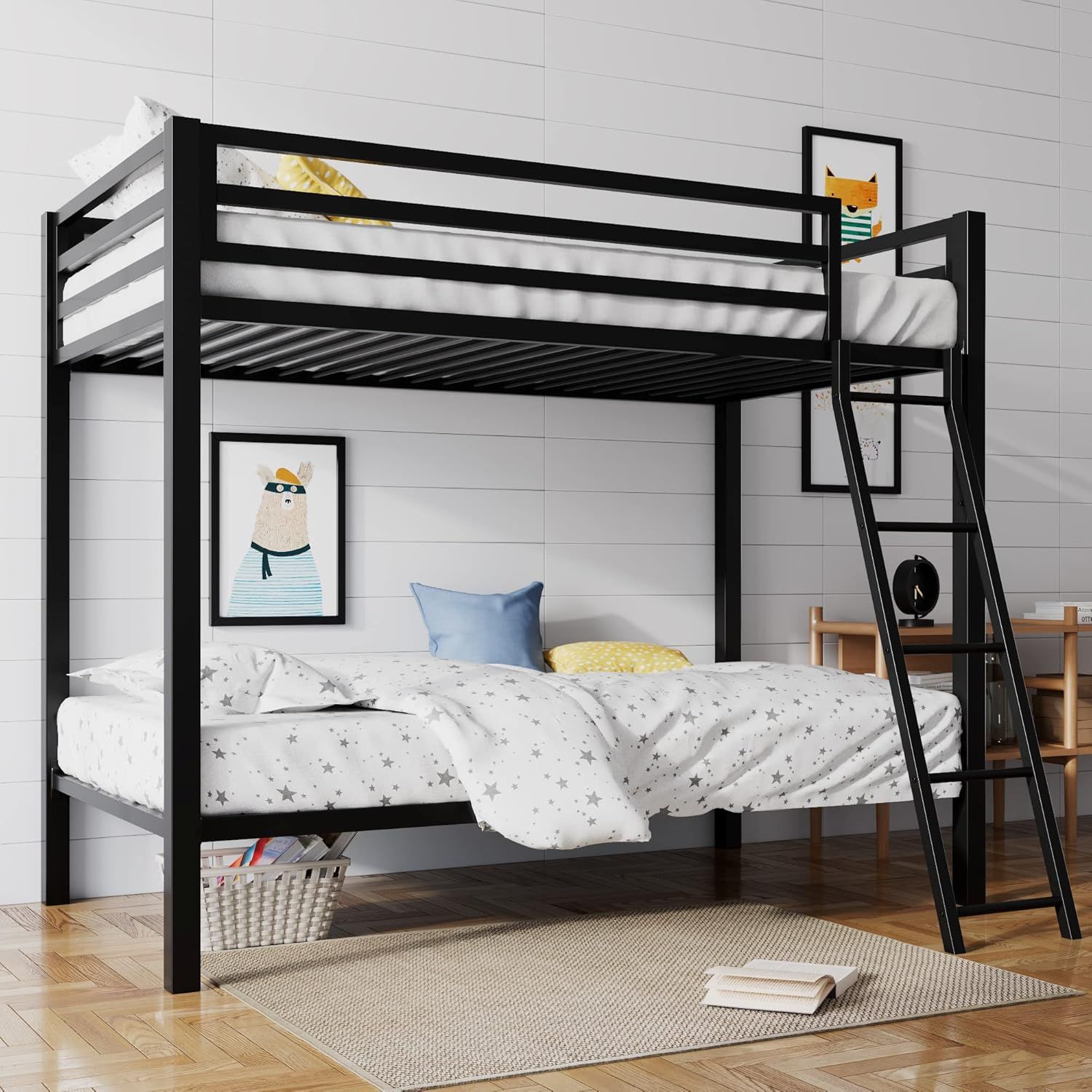 Twin Over Twin Ladder Bunk Bed Black With Guardrail Metal