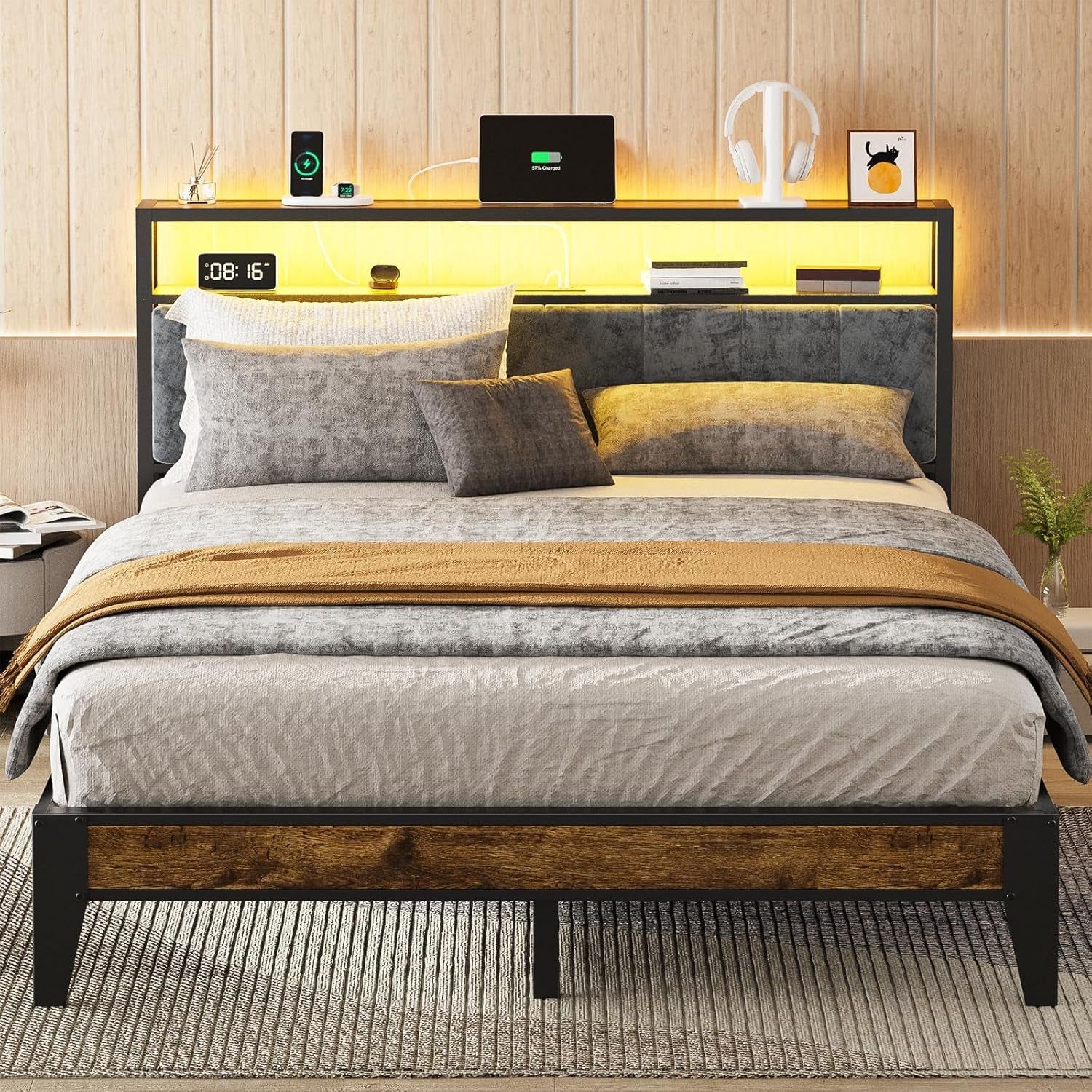 Queen Size RGB LED Headboard With Storage And Charging
