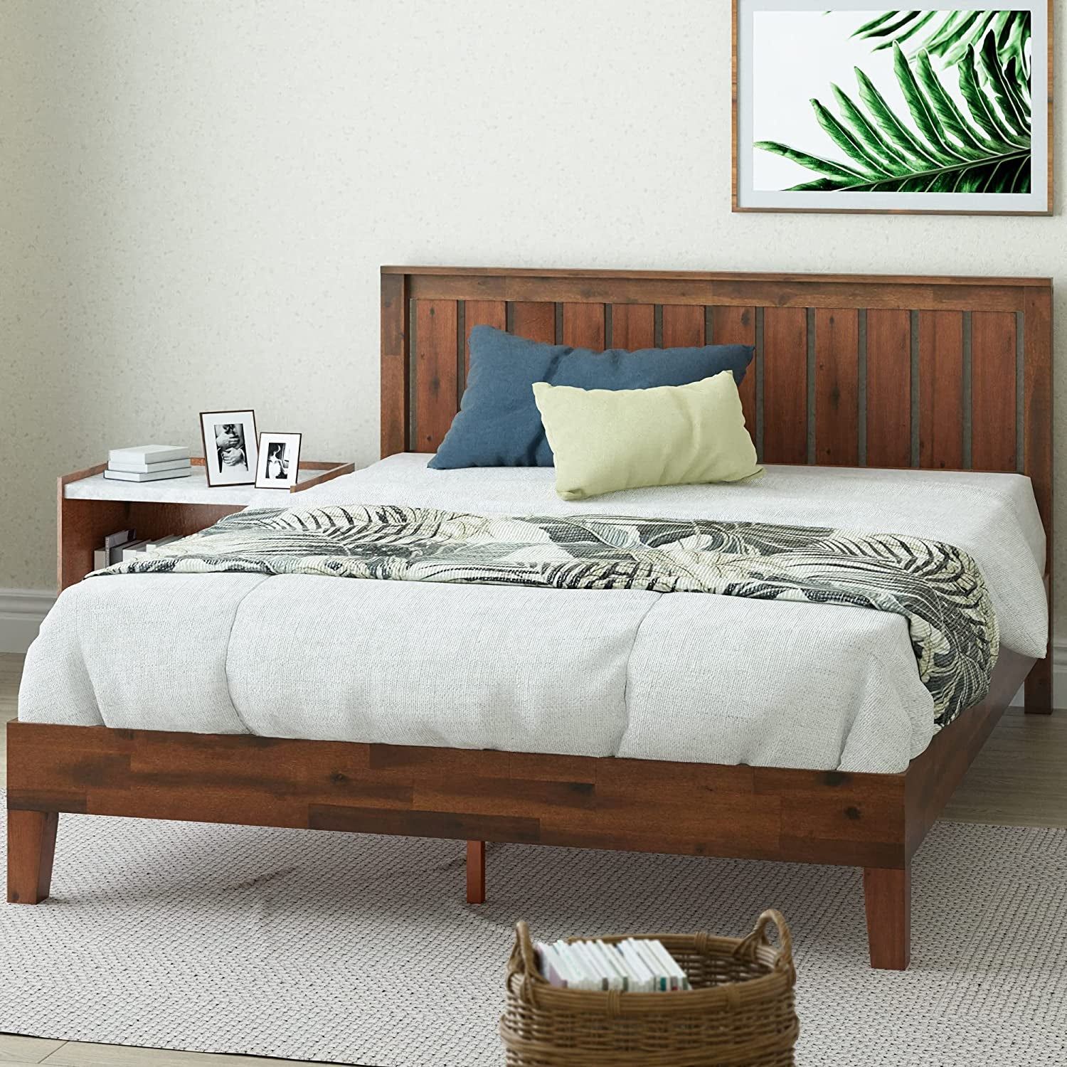 Queen Wood Platform Bed Frame With Headboard And Slats