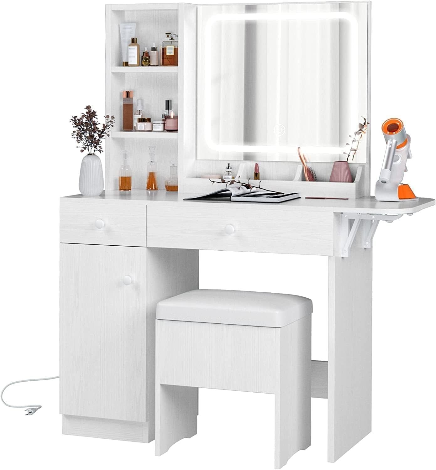 White Makeup Vanity Desk With IlluminatedMakeupMirrorPro