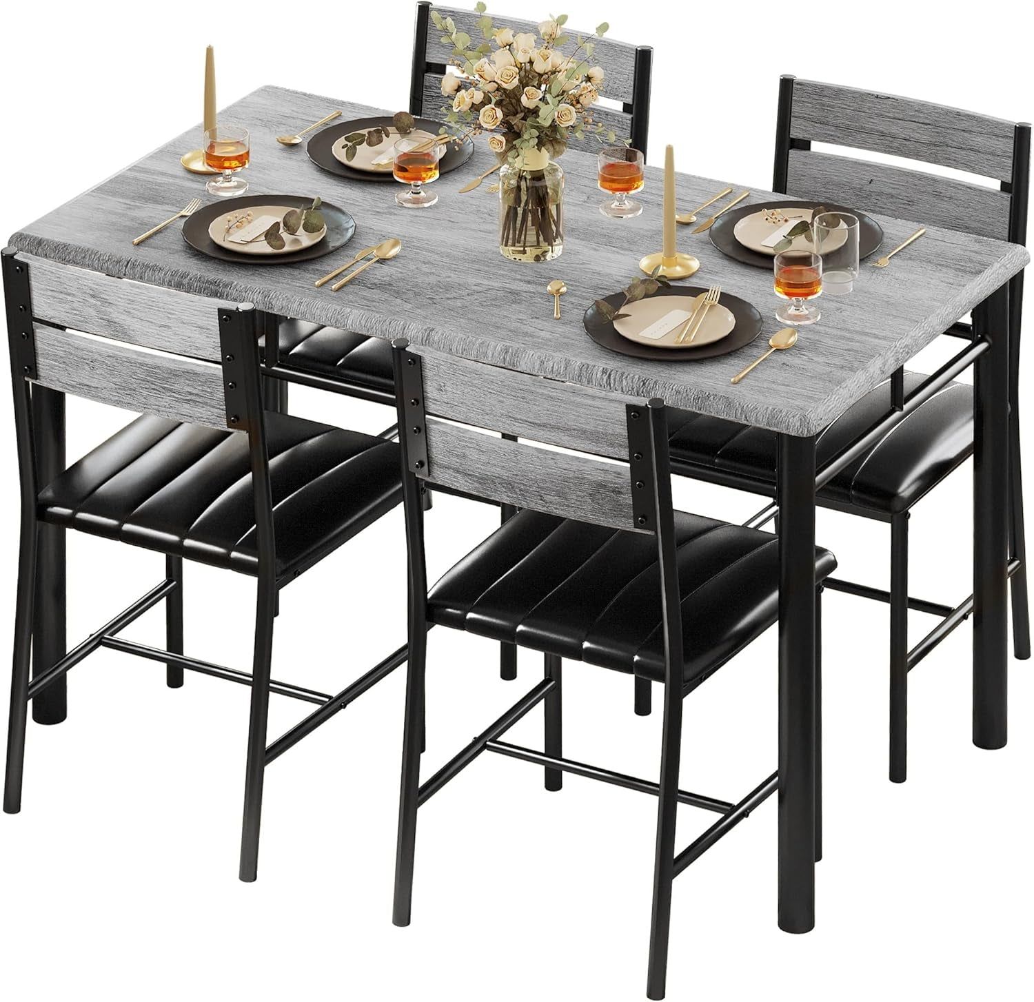 Dining Table Set For 4 With Upholstered Grey Wood Chairs