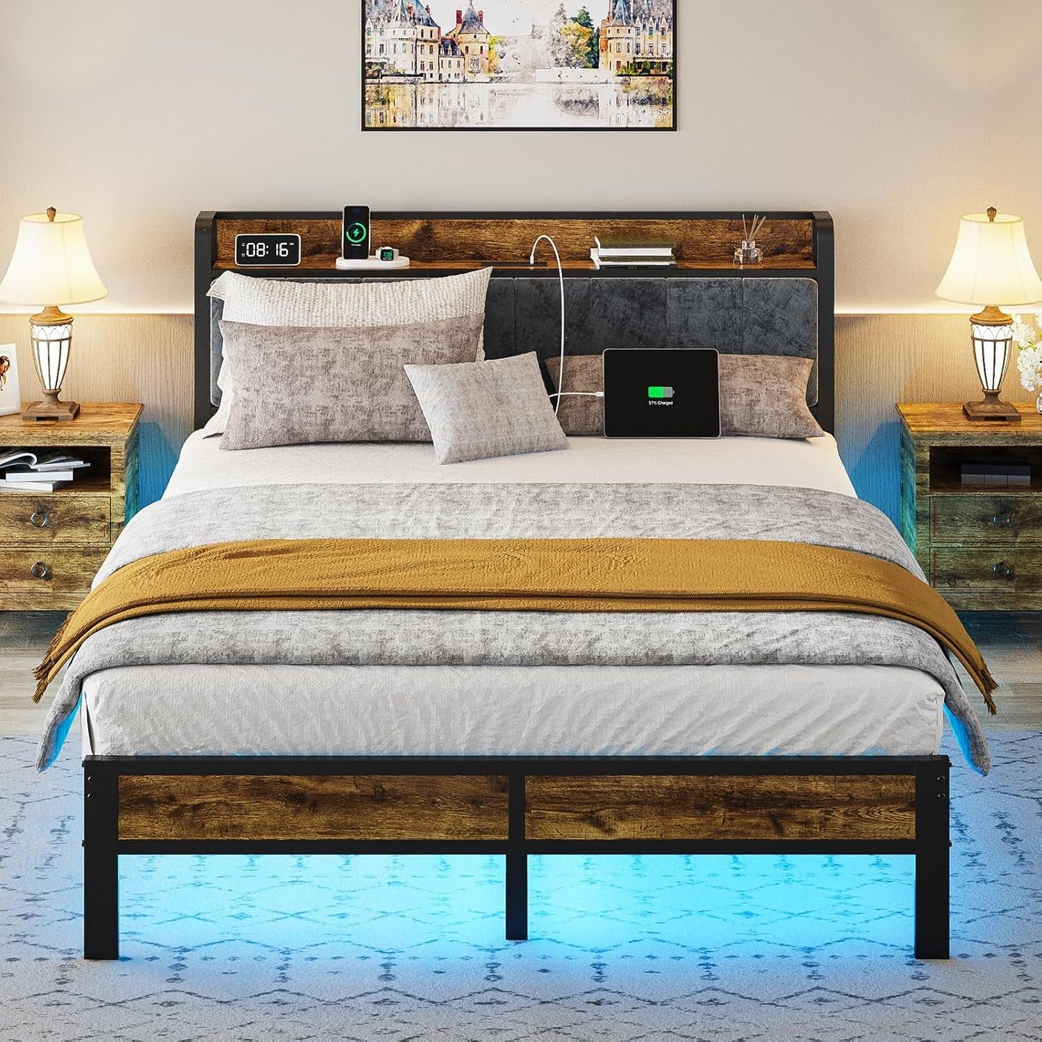 Queen Bed Frame With USB Charging LED Illumination