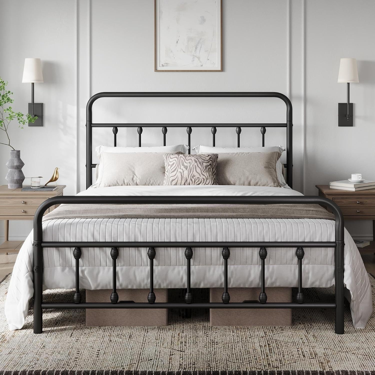 Queen Size Classic Metal Platform Bed With Durable Storage