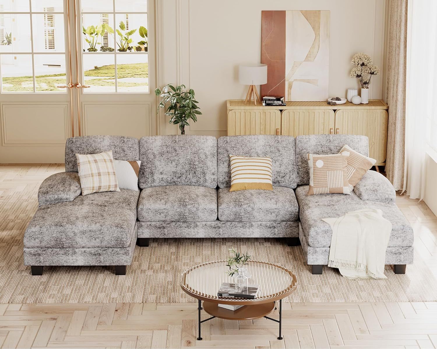 Grey Chenille U Shaped Sectional Sofa 4 Seat Living Room