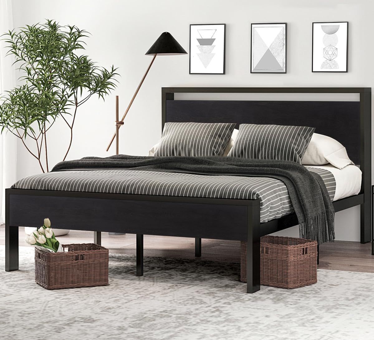 Sturdy Metal Platform Bed Frame With Wooden Headboard 800Lb