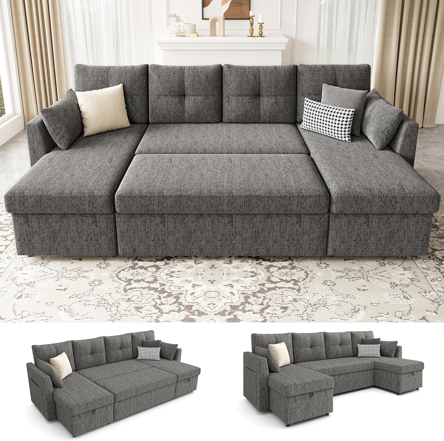 Oversized Sleeper Sofa Bed 110Inch Dark Grey With Storage