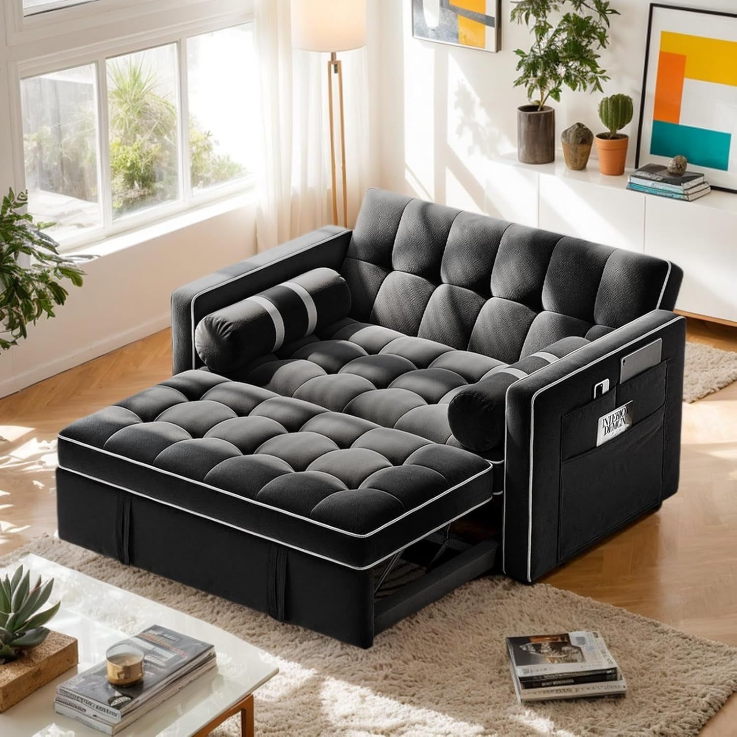 Black Velvet 3in1 Convertible Sleeper Sofa WithUSBPorts