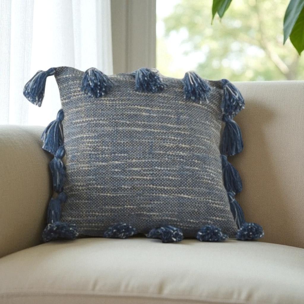 18&quot; Royal Blue Polyester Blend Throw Pillow With Tassels