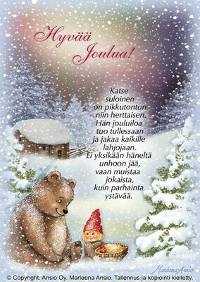 Joulukortti Marleena Ansio: nalle ja tonttu Joulukortti Marleena Ansio: nalle ja tonttu