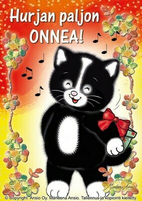 Kortti Marleena Ansio: kissa onnittelee Kortti Marleena Ansio: kissa onnittelee