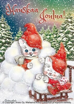 Joulukortti Marleena Ansio: kissat lumipuuhissa