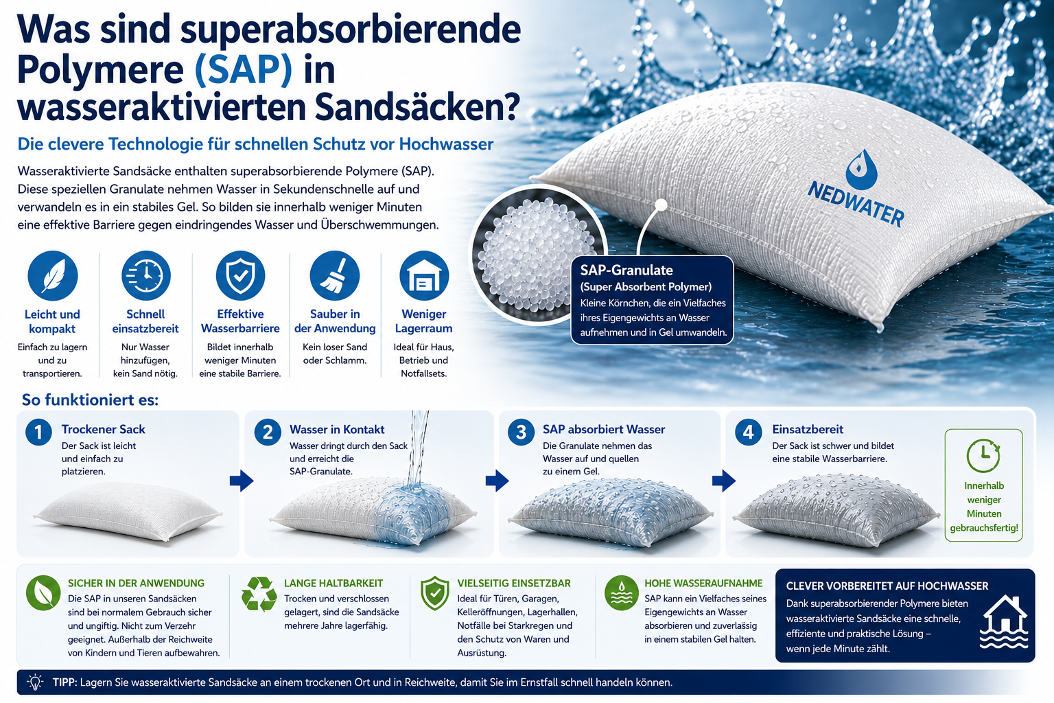 Infografik zur Funktionsweise superabsorbierender Polymere in wasseraktivierten Sandsäcken