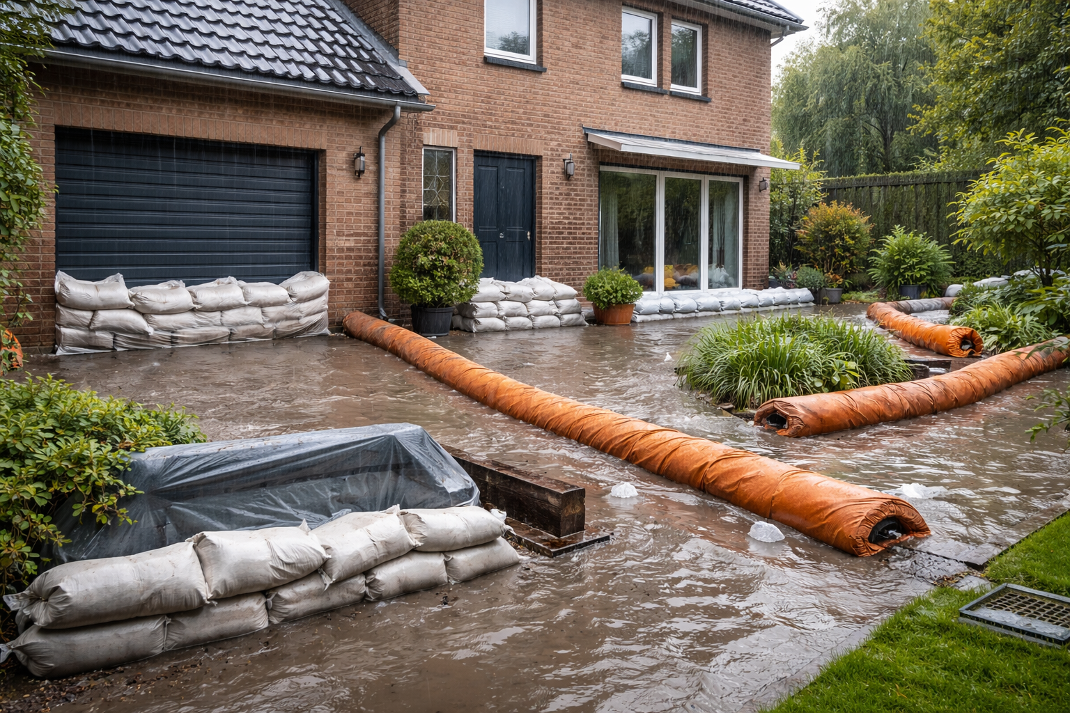 Wassergefüllte Hochwassersperre vor Garage und Haustür bei überflutetem Vorplatz