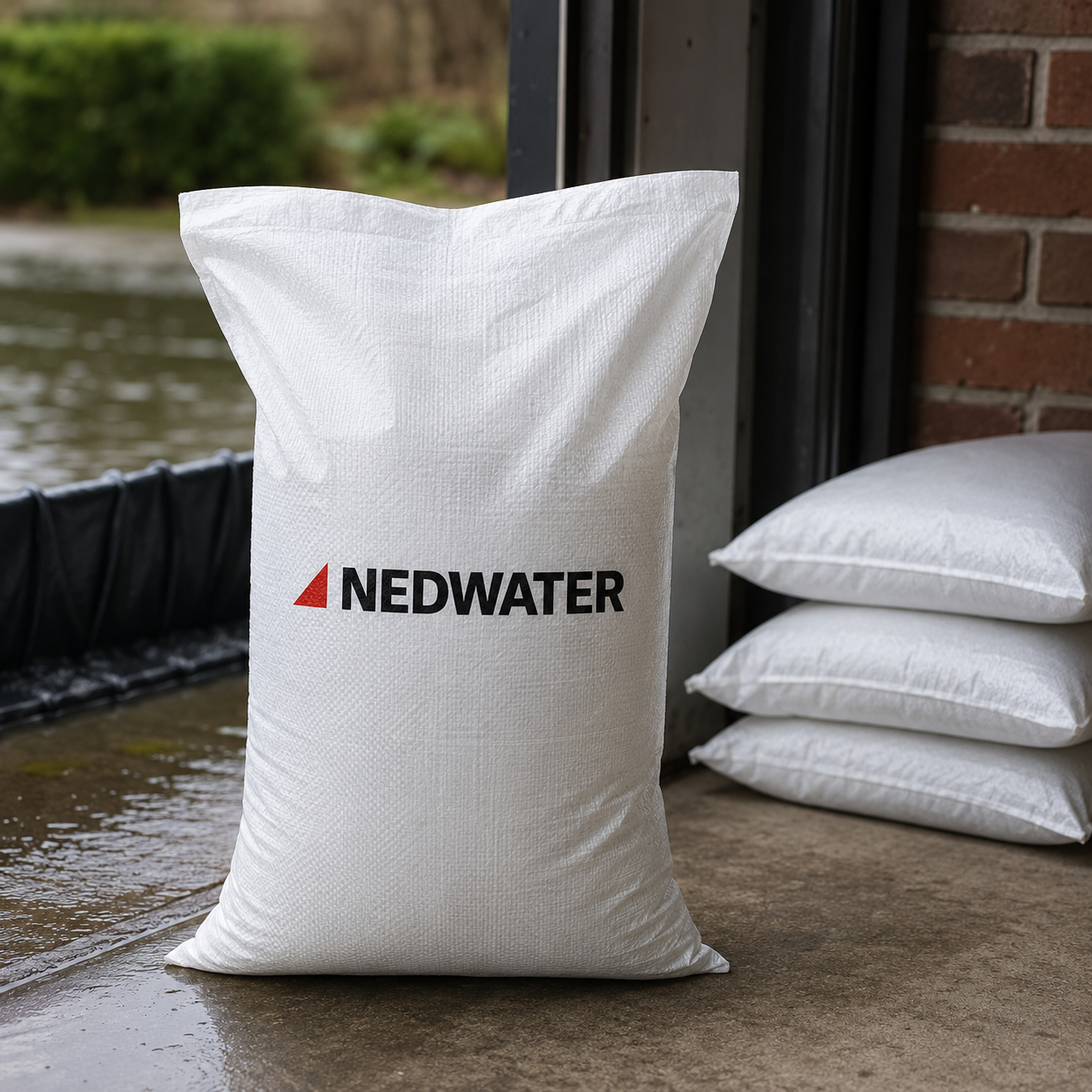 Weißer Nedwater-Sandsack vor einem Stapel gefüllter Sandsäcke