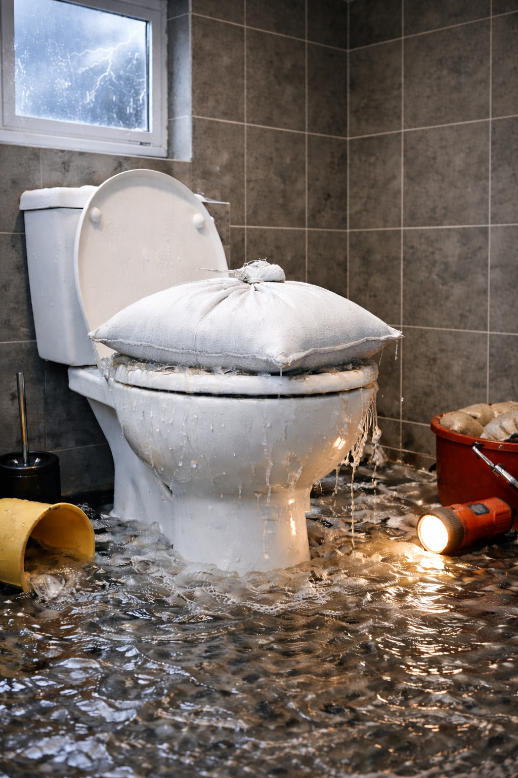 Toilette in einem überfluteten Badezimmer mit Wasser auf dem Boden