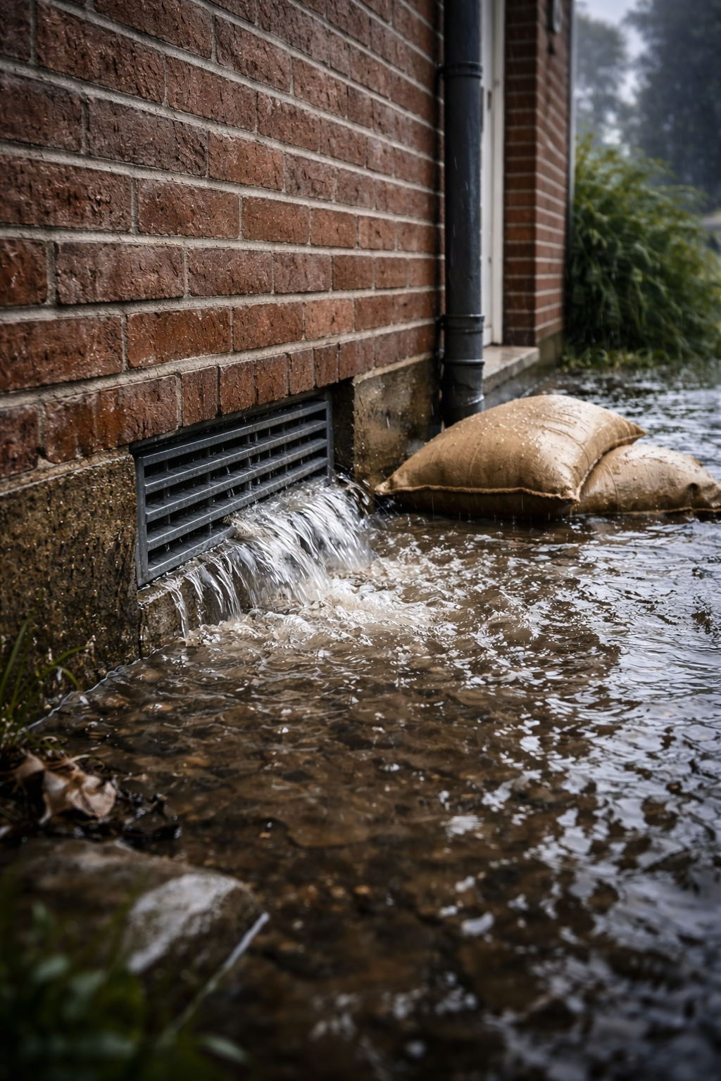 Wasser strömt durch ein Lüftungsgitter in einer Ziegelfassade, daneben ein Sandsack