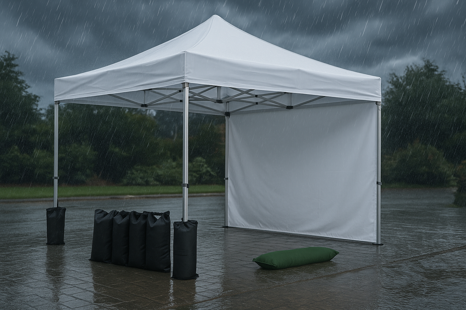Faltpavillon mit schwarzen Ballastsäcken an den Füßen bei aufziehendem Wind