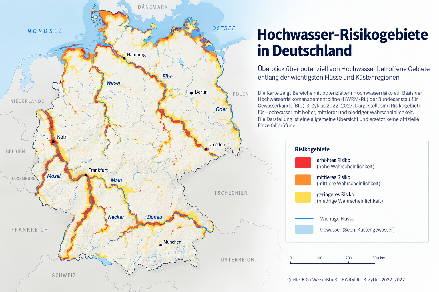 Karte von Deutschland mit eingezeichneten Hochwasser-Risikogebieten