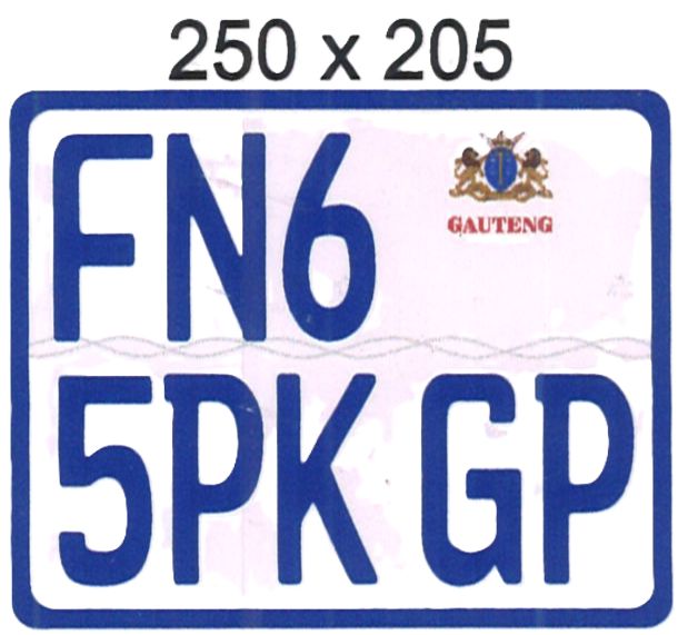GAUTENG ALUMINIUM NUMBERPLATE SIZE  205MM X 250MM (LARGE SQUARE)
