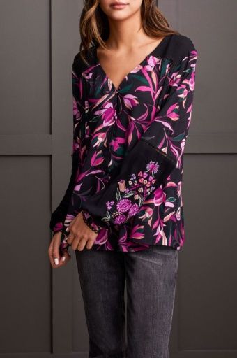 BUTTON FRONT BLOUSE W/ EMBROIDERY-DEEP MAGENTA