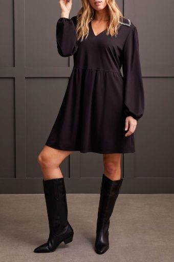 3/4 SLVS DRESS W/BLANKET STITCH COLLAR