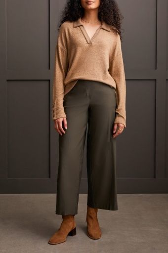 L/S JOHNNY COLLAR TOP W/RIB COMBO-TAN